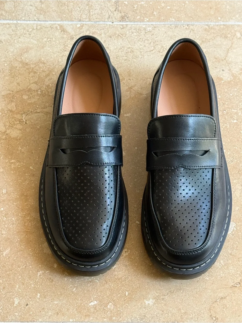 Unisex Black Perforated Leather Penny Loafers - Classic Slip-Ons